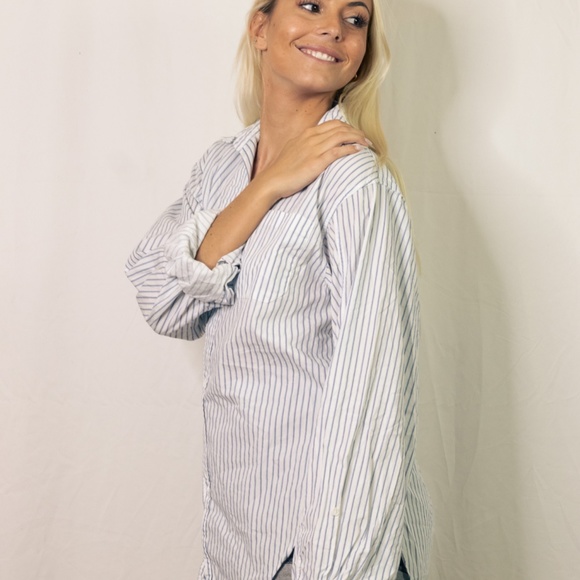 Zara Woman Blue White Stripe Button Down Shirt - Picture 5 of 8